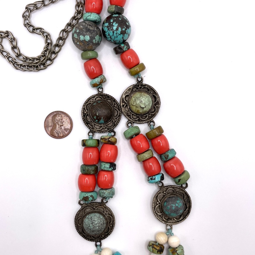 Vintage Tibetan Nepalese Style Turquoise Coral Stone Statement Necklace - Picture 10 of 13